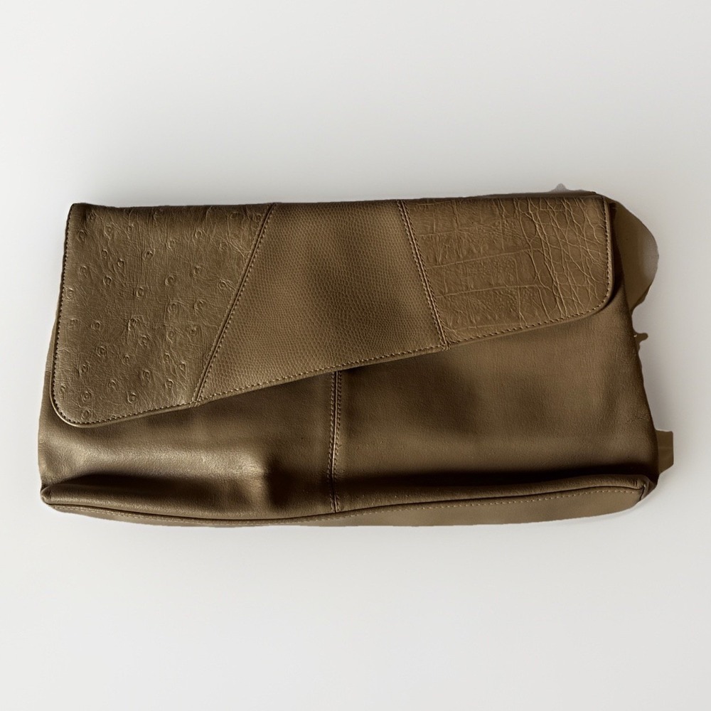VTG Bueno-Women's Large Tan Leather Clutch Purse 14in x 7in Flap Snap Closure